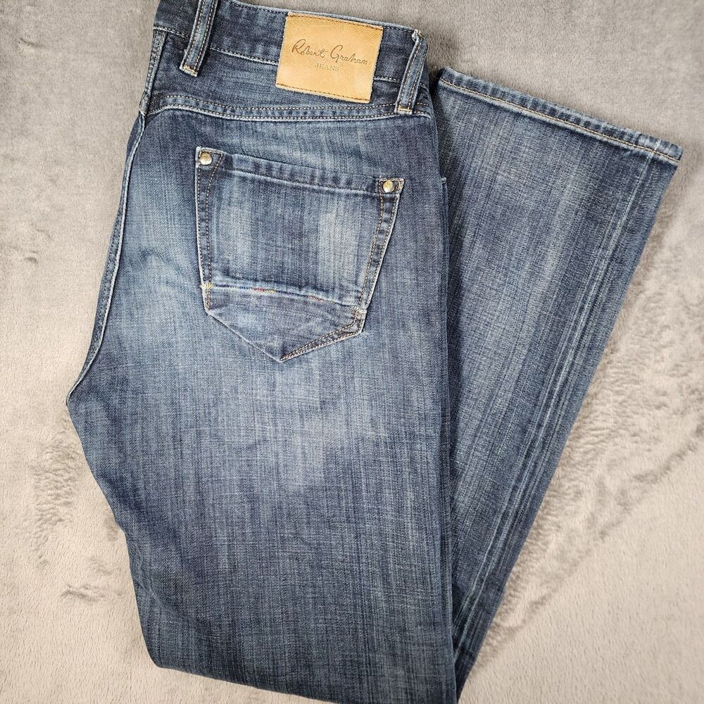 Robert Graham Mens 34x30 Jeans Straight Leg Medium Wash Polka Dot Interior Denim